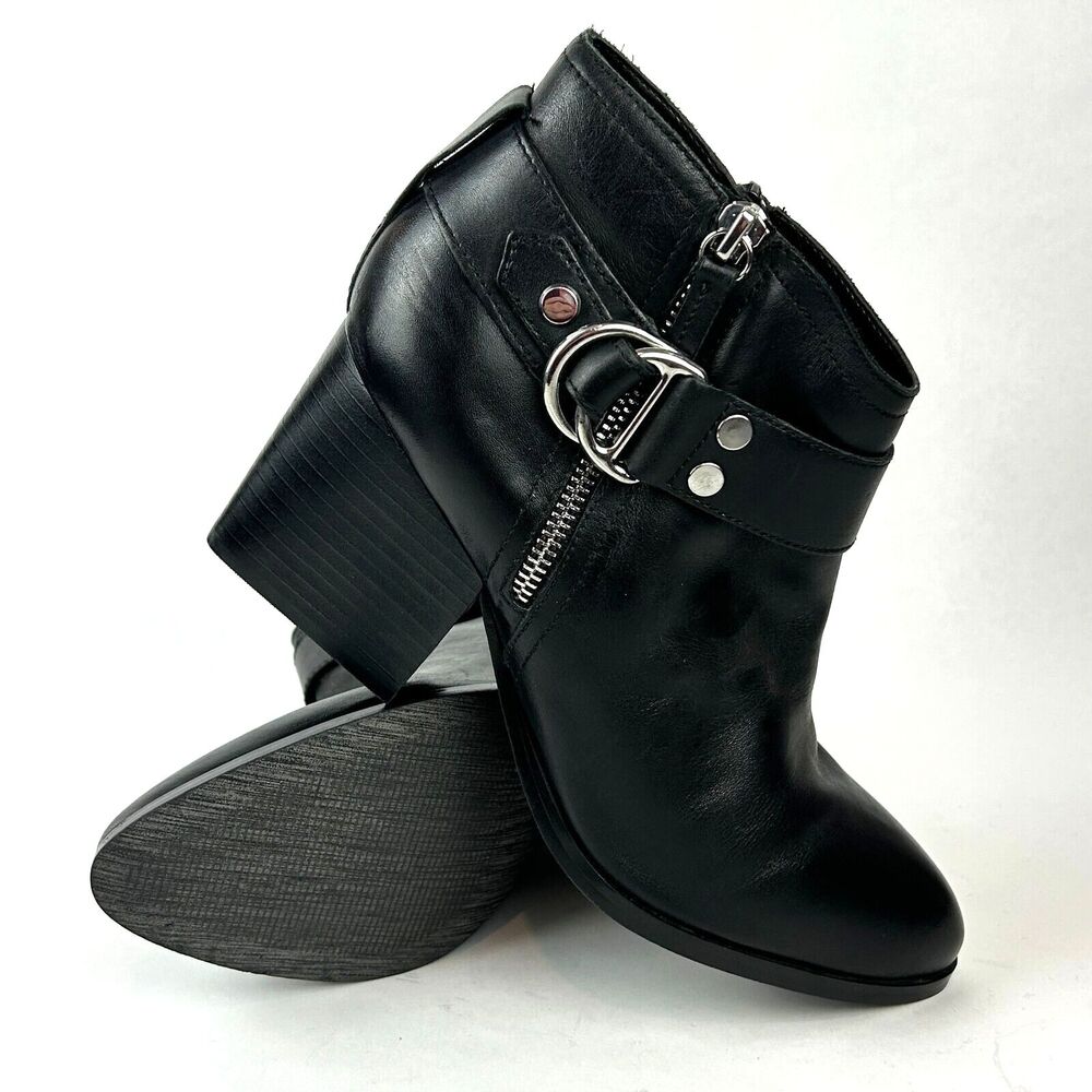 Marc Fisher Black Leather Harness Strap 3" Heel Boots Booties Shoes 8.5 NEW